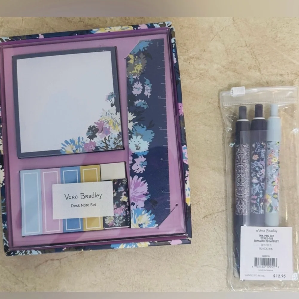 VERA BRADLEY CHRYSANTHEMUM CRUSH DESK SET & 3 BLACK INK CLICK SET